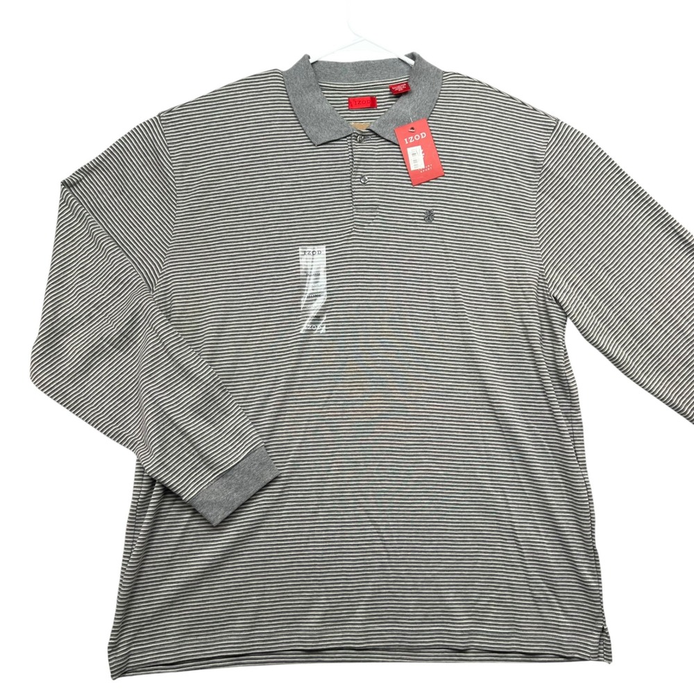IZOD Polo Shirt Mens XXL Grey Striped Long Sleeve Smooth Cotton NWT